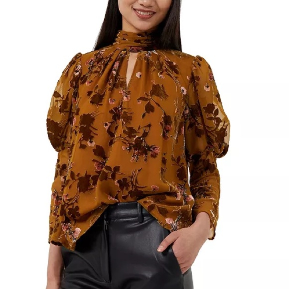 French Connection Women's Guthern Puff-Sleeve Burnout Keyhole Top